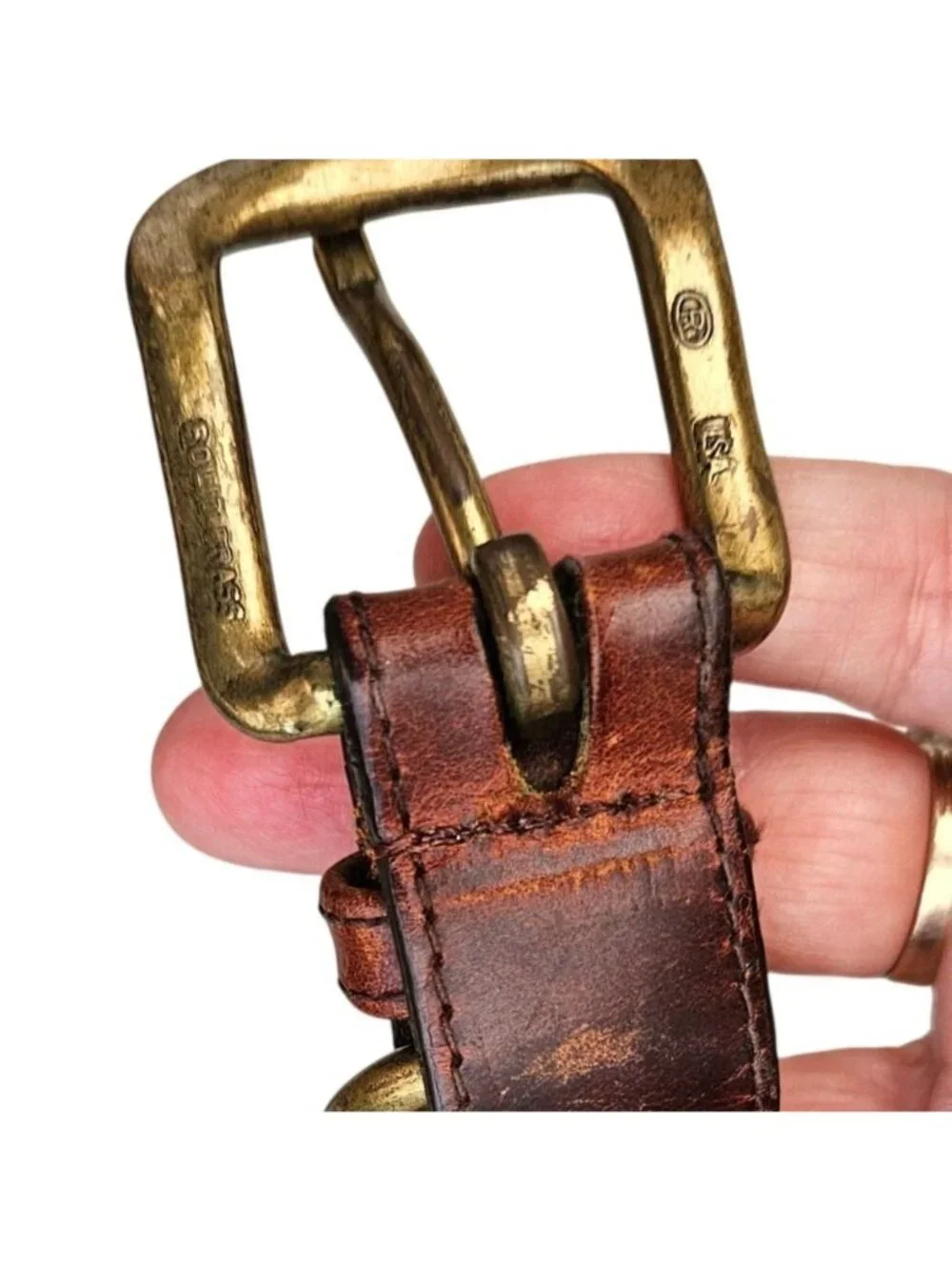 Vintage Guess Triangle Logo Brown Leather Belt Brass Buckle Small 24-27